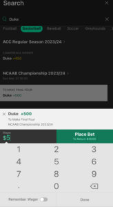 Bet365 North Carolina app Duke Final Four betslip screenshot