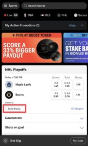 BetMGM app build same-game parlay feature button highlighted screenshot