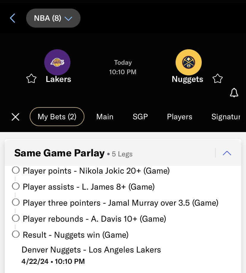 BetMGM app same game parlay screenshot