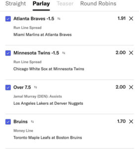 BetMGM parlays menu app screenshot