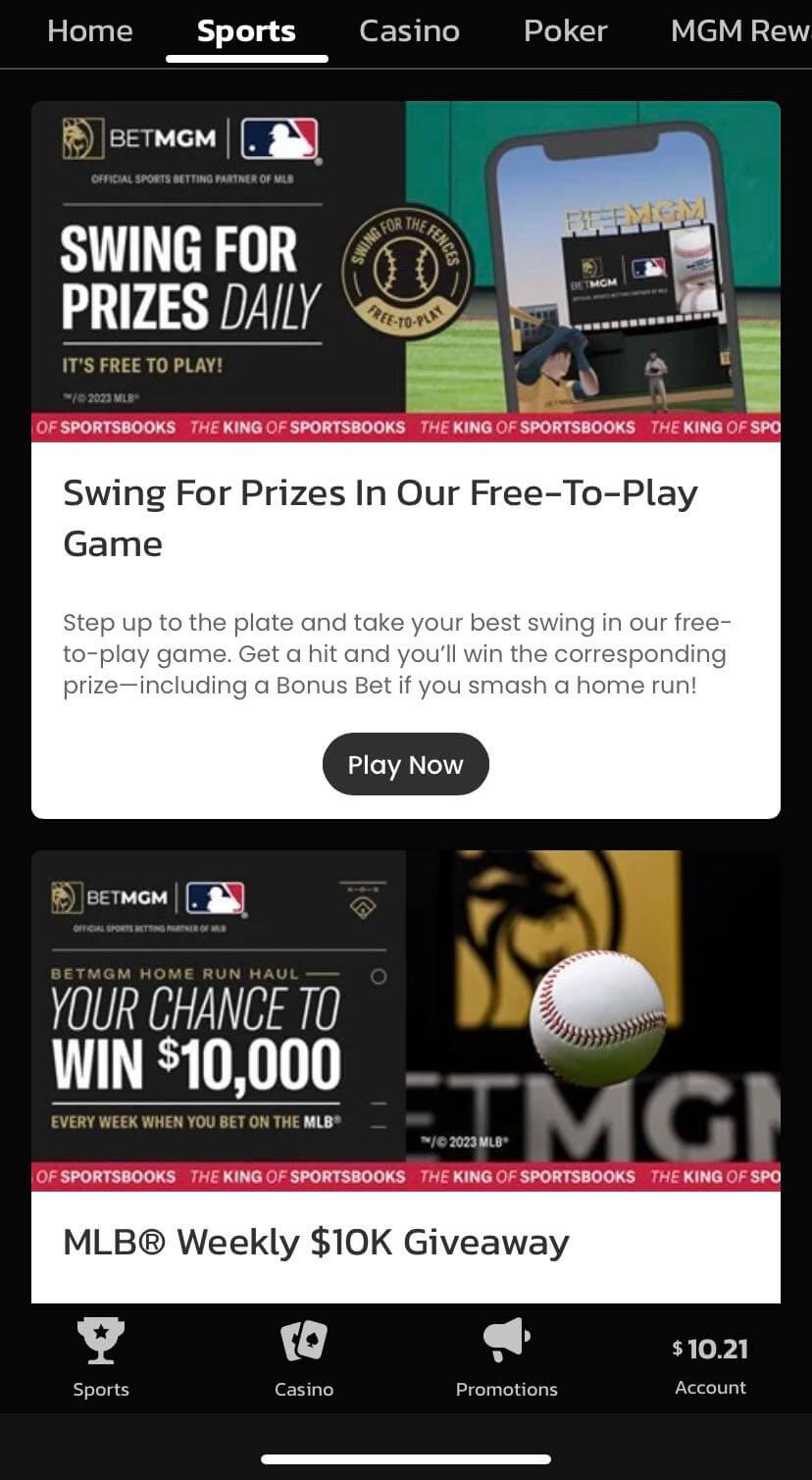 BetMGM promotions tab app screenshot