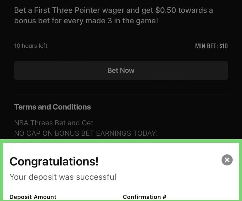 DraftKings Sportsbook deposit confirmation screenshot