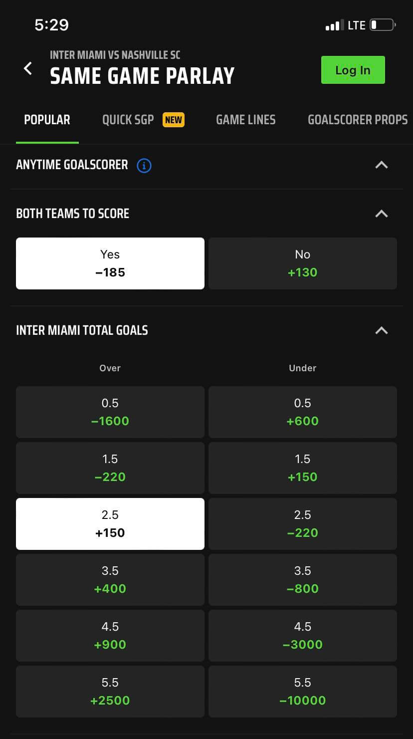 DraftKings SGPx screenshot Inter Miami