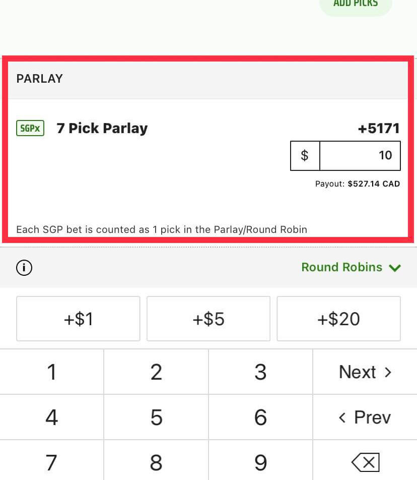 DraftKings SGPx feature bet slip screenshot