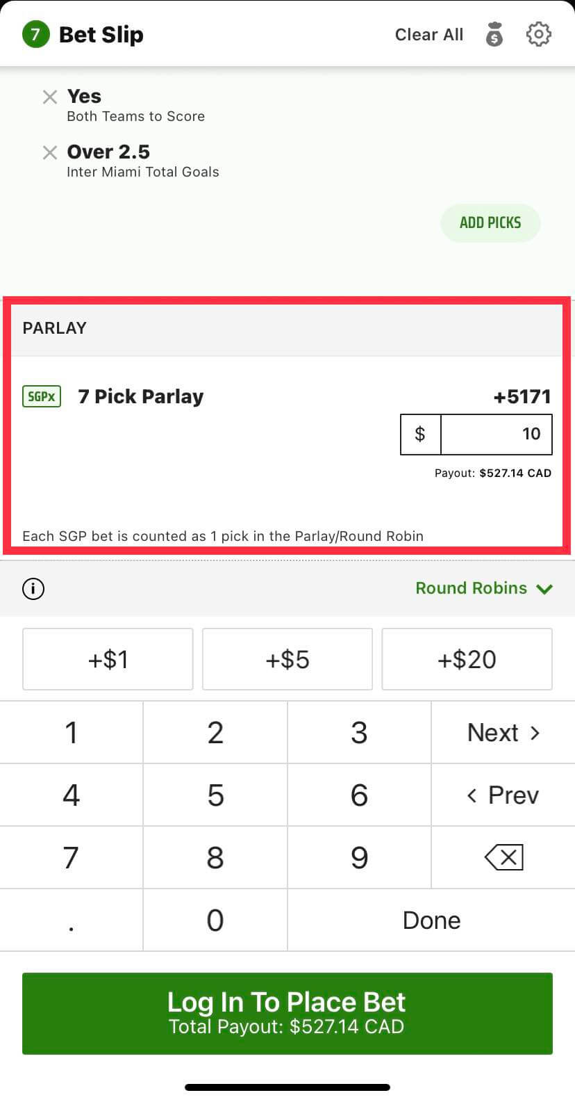 DraftKings SGPx feature bet slip screenshot