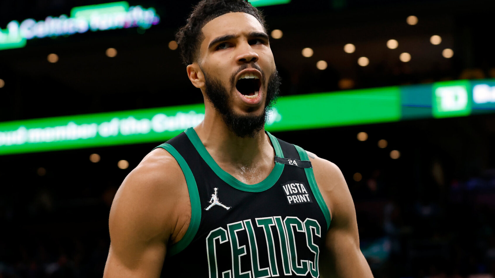 Jayson Tatum celebrates after a bucket