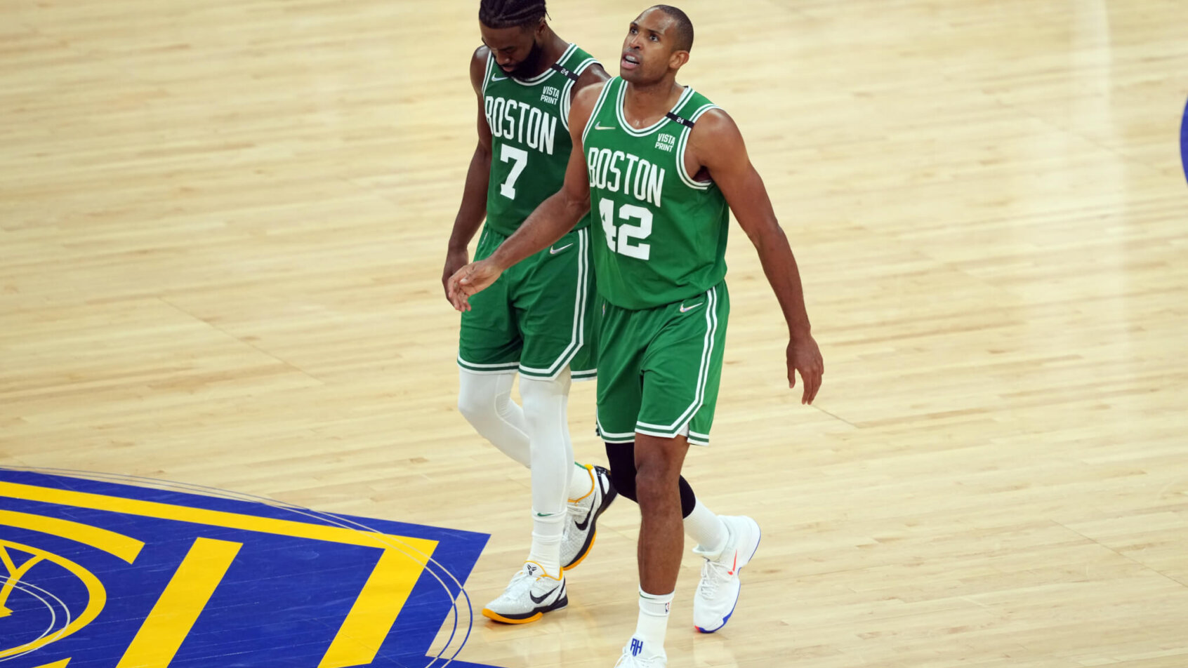 Boston Celtics Al Horford Jaylen Brown on court green jersey