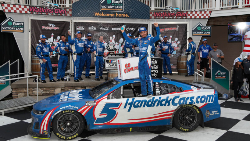 Kyle Larson celebrating his 2022 NASCAR GO Bowling At The Glen victory