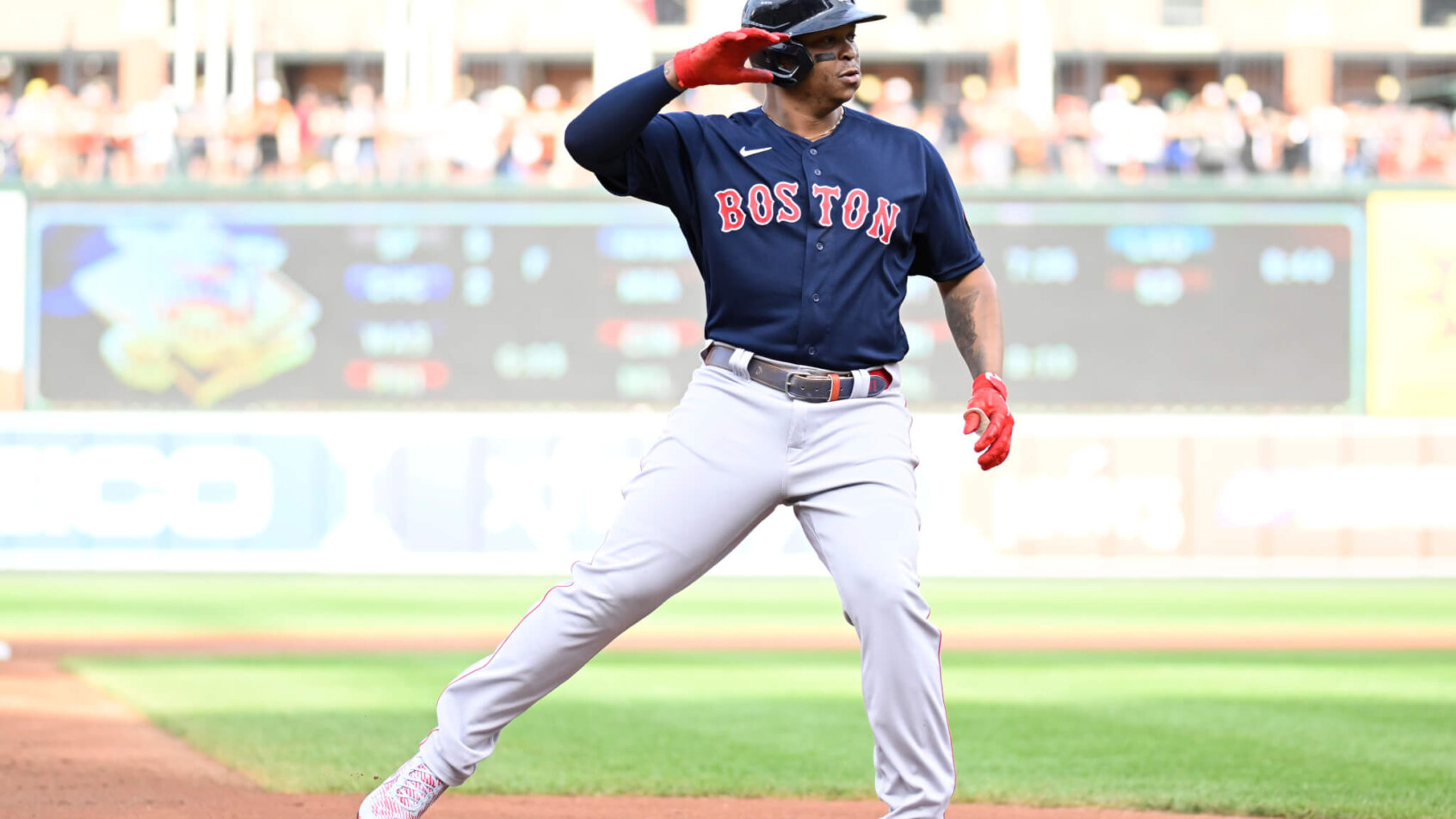 Rafael Devers celebrates; Boston Red Sox