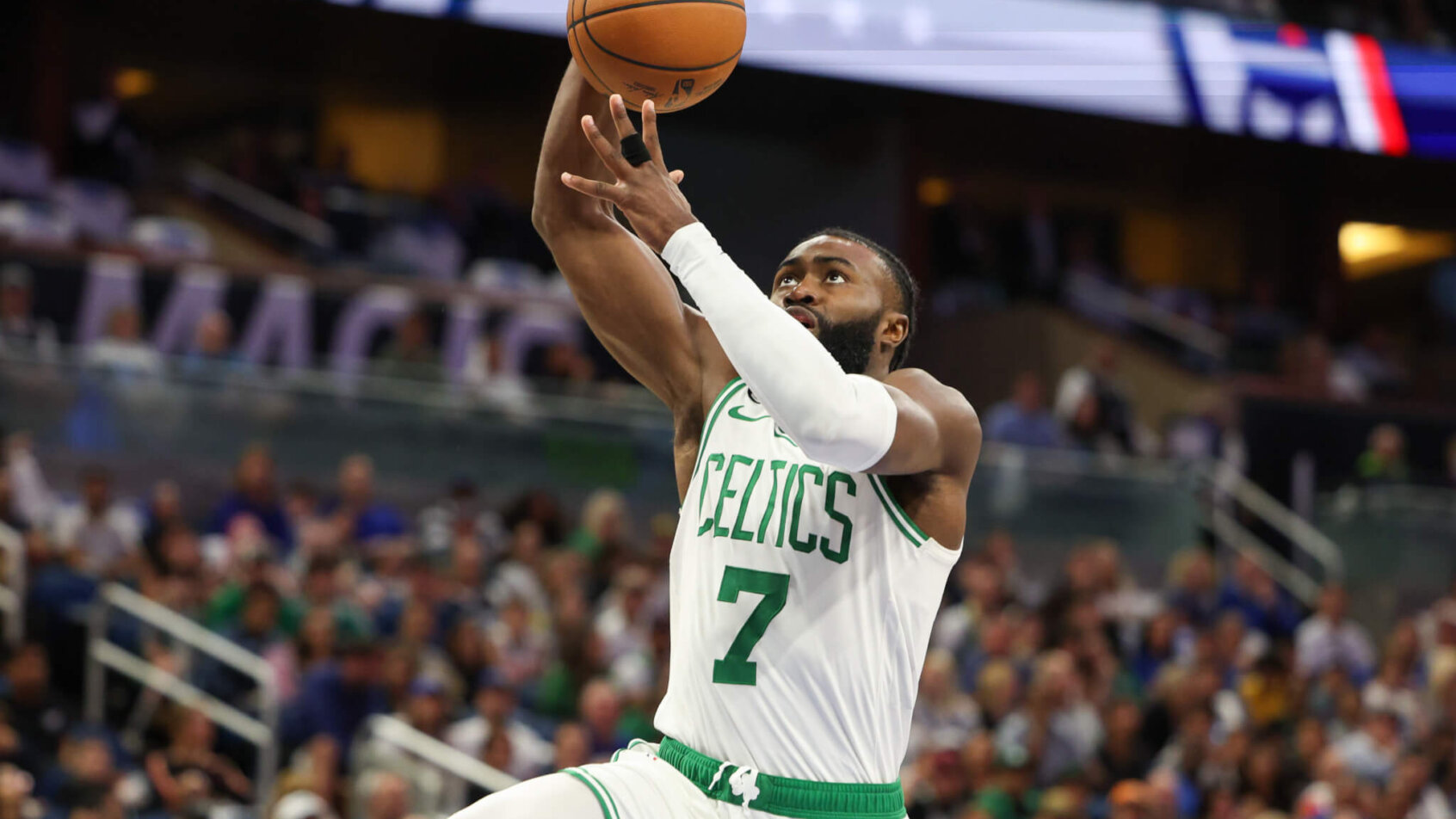 Boston Celtics guard Jaylen Brown drives to the rim