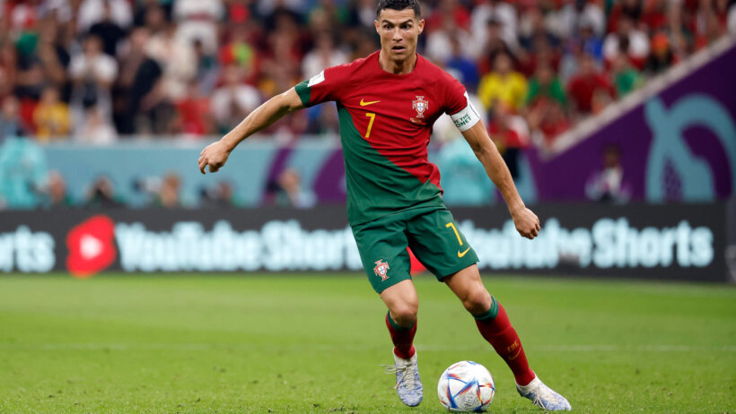 Portugal forward Cristiano Ronaldo dribbling the ball at the 2022 World Cup