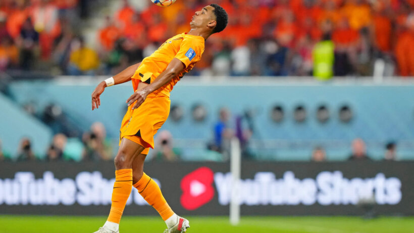 Netherlands forward Cody Gakpo controls a pass with his chest