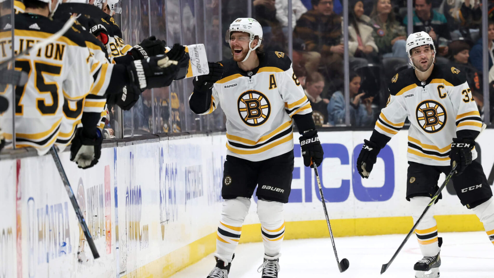 Boston Bruins right wing David Pastrnak celebrates goal