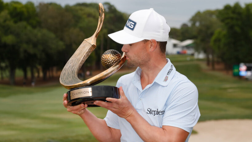 Tournament winner Taylor Moore celebrates after winning the 2023 Valspar Championship