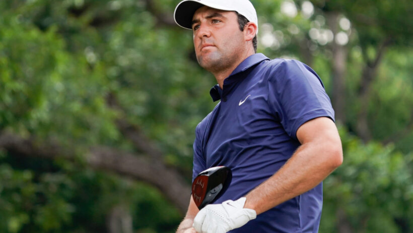 Scottie Scheffler watching a tee shot at the 2023 Charles Schwab Challenge