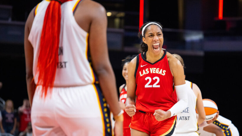 Las Vegas Aces forward A'ja Wilson celebrates a bucket