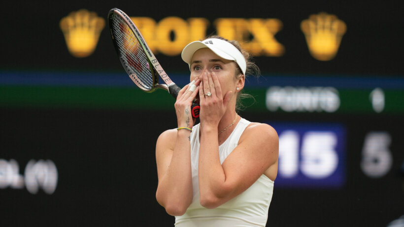 Elina Svitolina reacts after upsetting #1 seed Iga Swiatek in the Wimbledon QF