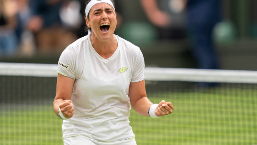 Ons Jabeur celebrates here semifinal win at Wimbledon.