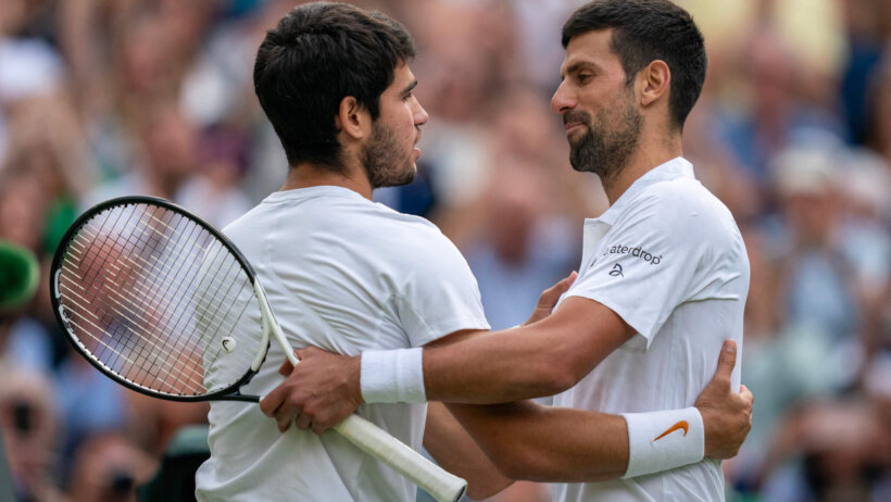 Carlos Alcaraz and Novak Djokovic congratulate each other after the 2023 Wimbledon final