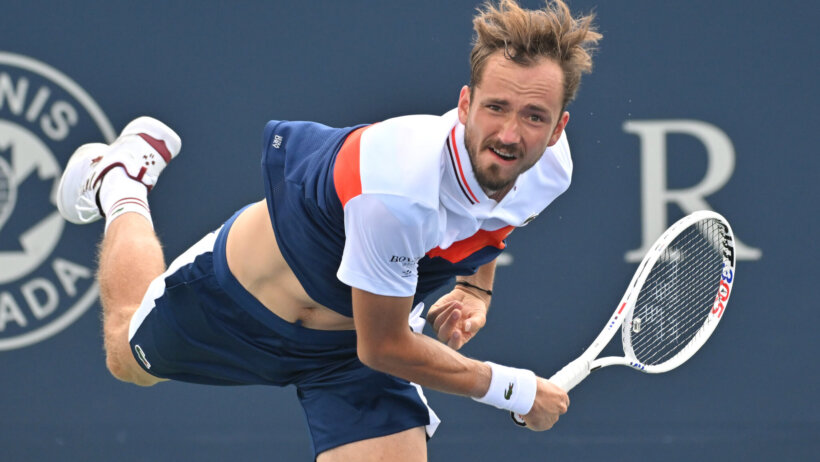 Daniil Medvedev serves against Matteo Arnaldi (ITA) (not pictured) during second round play at Sobeys Stadium