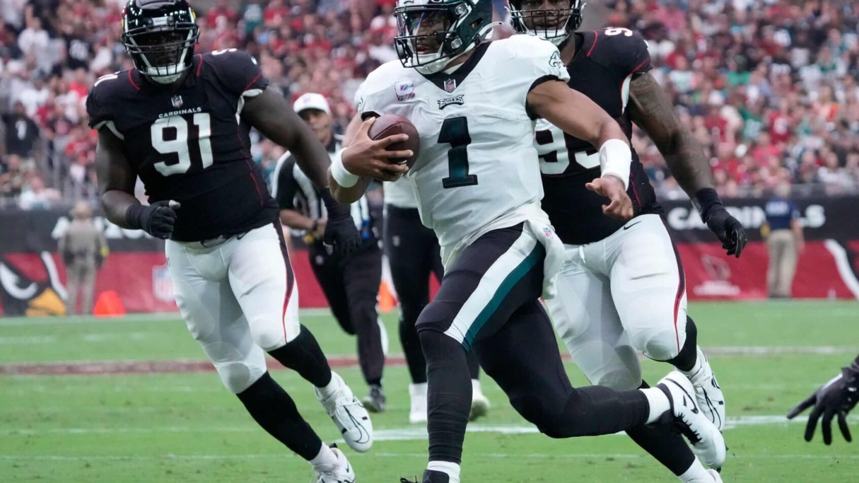 In the Eagles vs Buccaneers player props, Philadelphia QB Jalen Hurts is -120 to score a TD.