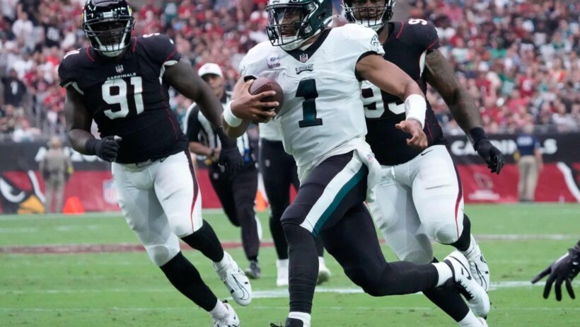 In the Eagles vs Buccaneers player props, Philadelphia QB Jalen Hurts is -120 to score a TD.