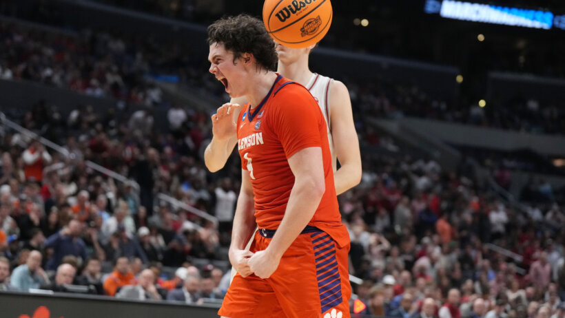 Clemson Tigers forward Ian Schieffelin celebrates a basket