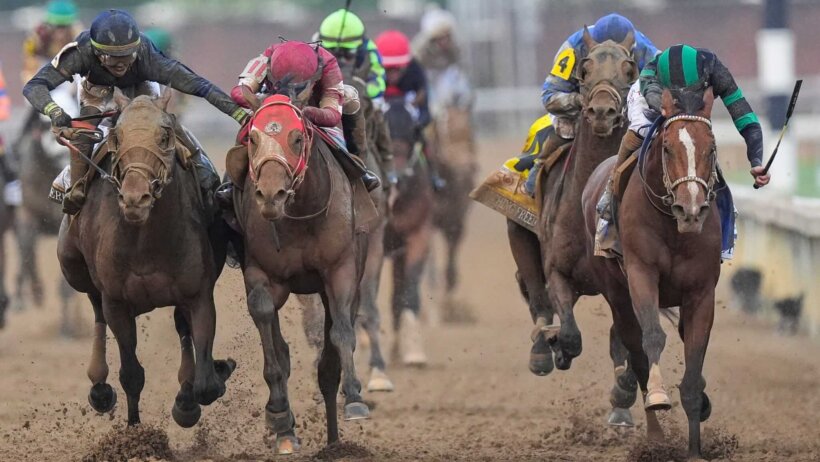 Mystik Dan with jockey Brian J. Hernandez winning the 2024 Kentucky Derby