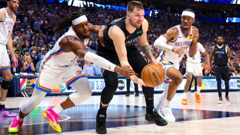 Dallas Mavericks guard Luka Doncic guarded by Oklahoma City Thunder guard Luguentz