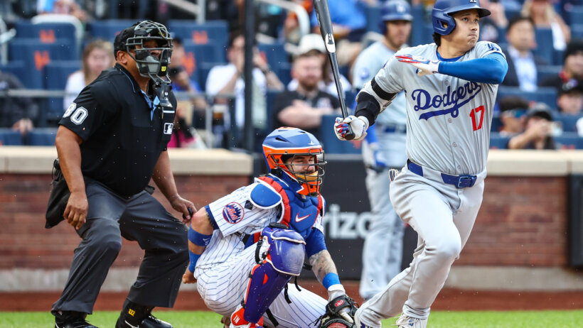 Los Angeles Dodgers designated hitter Shohei Ohtani runs out of the batters box