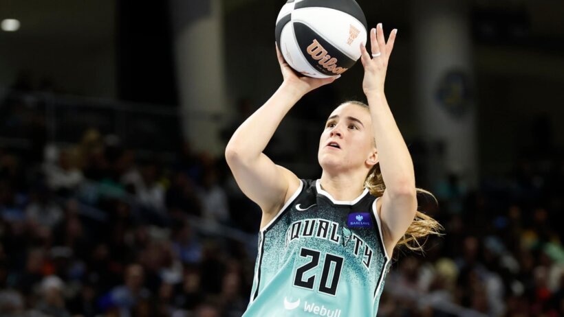 Sabrina Ionescu of the New York Liberty attempts a jump shot against the Chicago Sky.