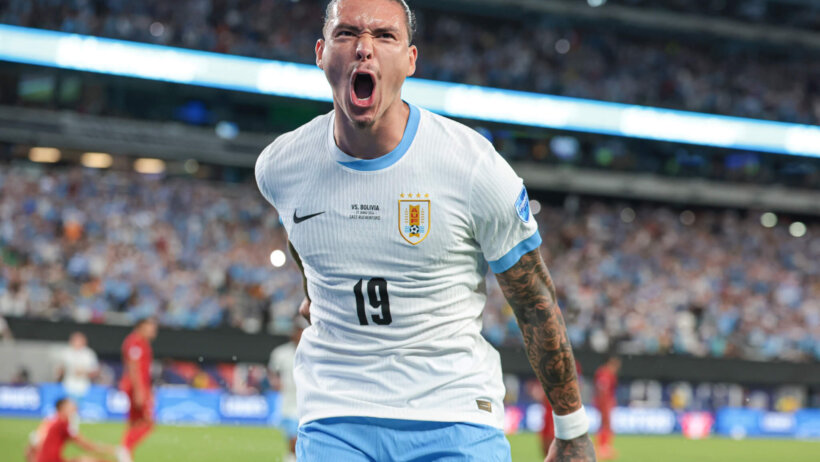 Uruguay forward Darwin Nunez celebrating a goal