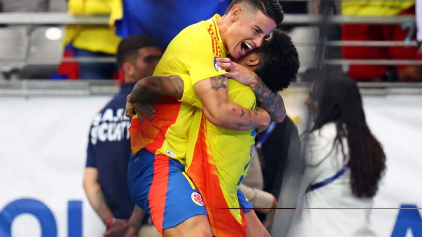 Colombia forward Luis Diaz and midfielder James Rodriguez celebrate a goal against Uruguay