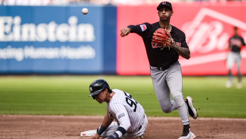 Cleveland Guardians shortstop Brayan Rocchio turning a double play