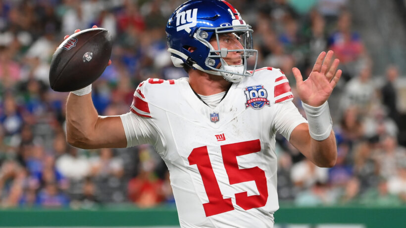 New York Giants quarterback Tommy DeVito passes the ball against the New York Jets