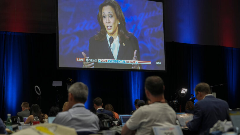 Kamala Harris on a big screen during the Sep. 2024 presidential debate