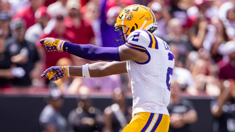 LSU's Kyren Lacy celebrates after scoring a touchdown