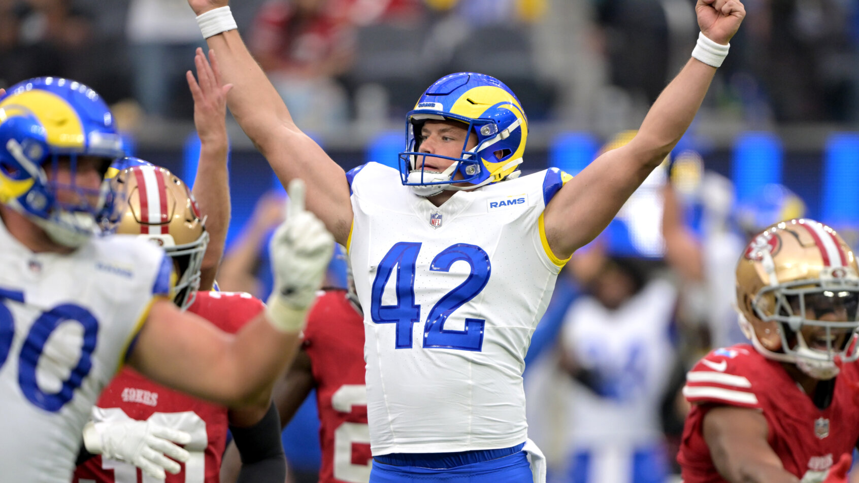 Los Angeles Rams punter Ethan Evans celebrating a field goal