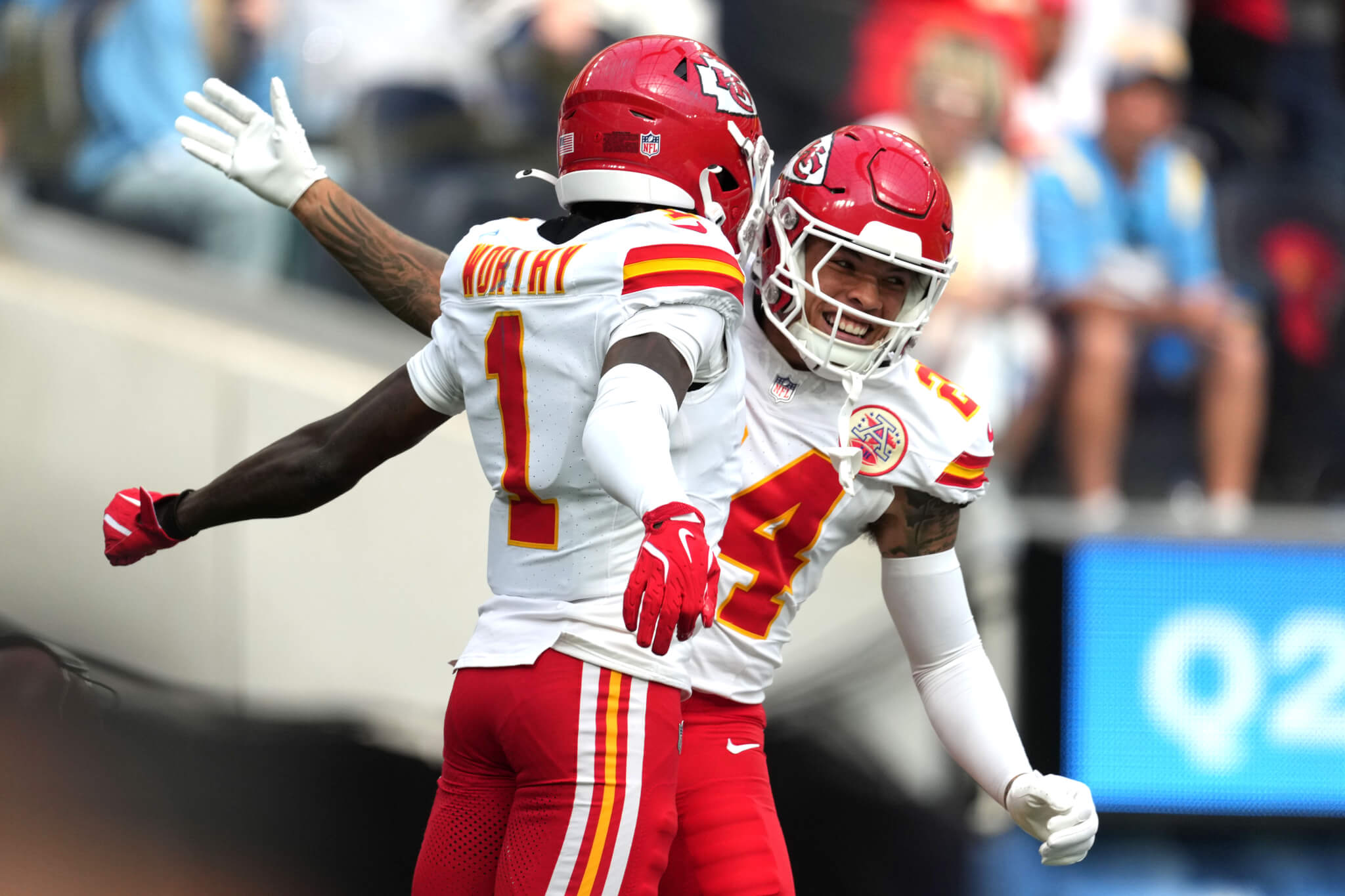 Kansas City Chiefs football players celebrating.