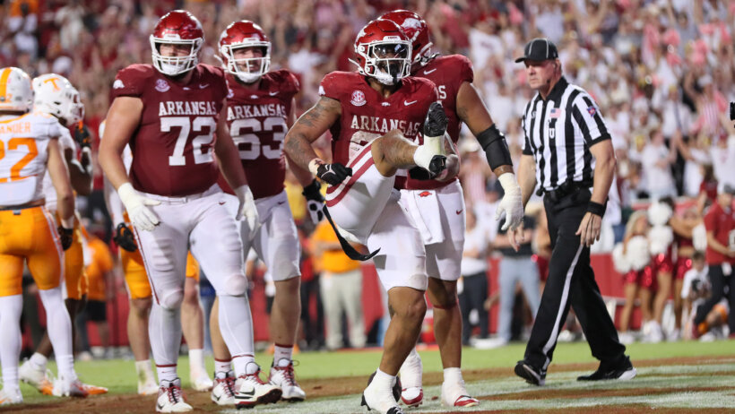 Arkansas running back Ja'Quinden Jackson celebrating a touchdown