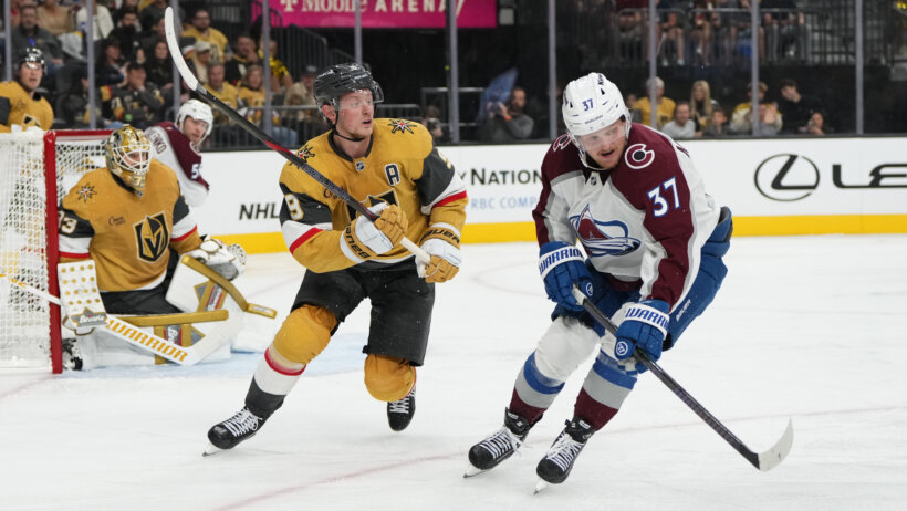 Colorado Avalanche center Casey Mittlestadt skates against Vegas Golden Knights center Jack Eichel