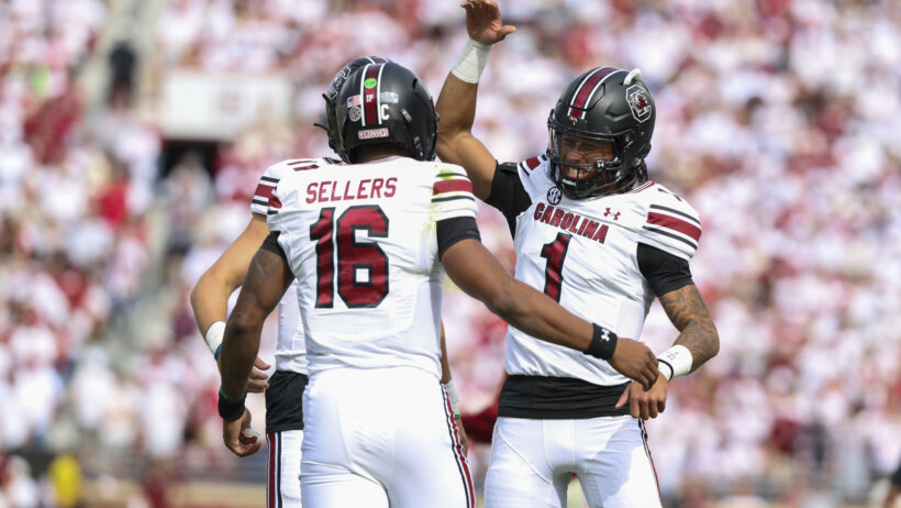 LaNorris Sellers celebrates a touchdown