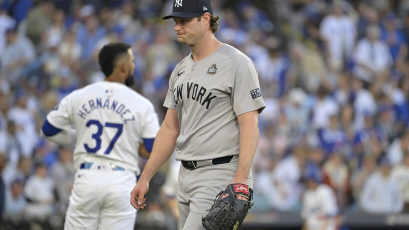 New York Yankees pitcher Gerrit Cole on the mound against the Los Angeles Dodgers