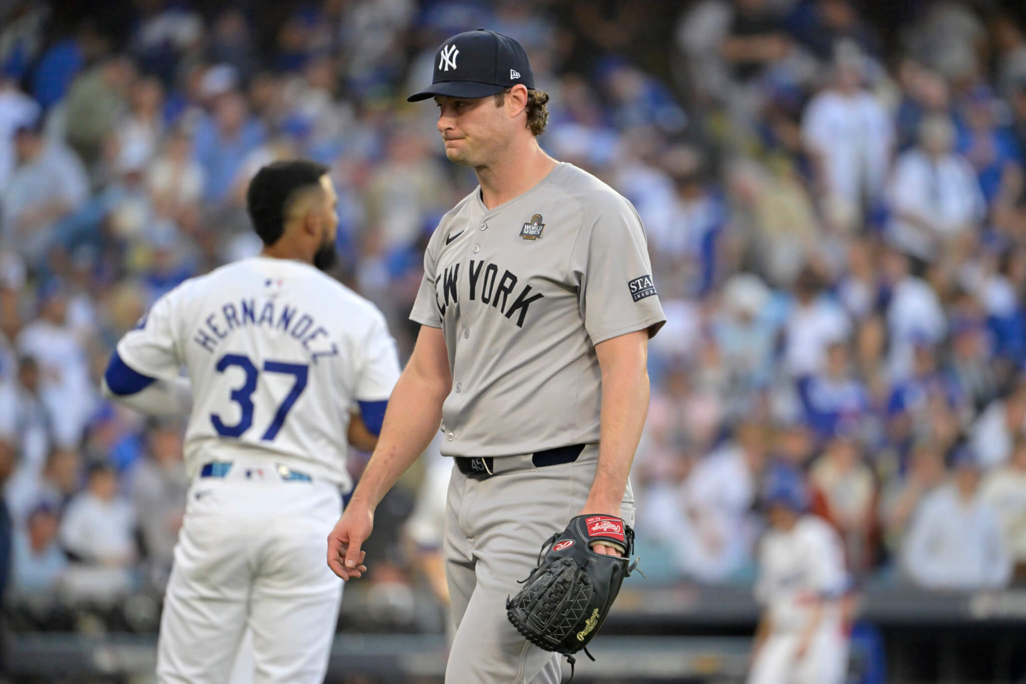 New York Yankees pitcher Gerrit Cole on the mound against the Los Angeles Dodgers