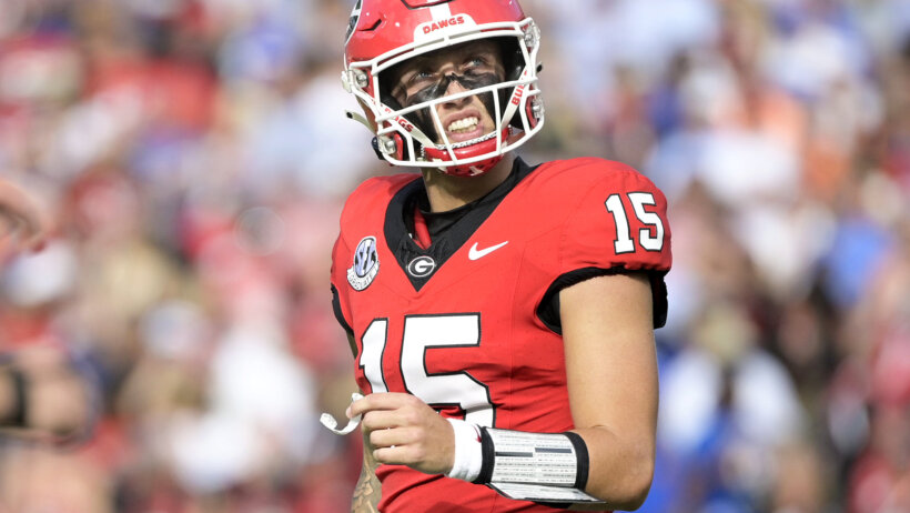 Carson Beck reacts to a turnover versus Florida.