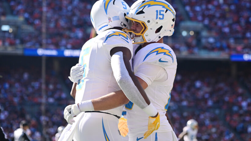 Los Angeles Chargers wide receiver Joshua Palmer celebrates with wide receiver Ladd McConkey