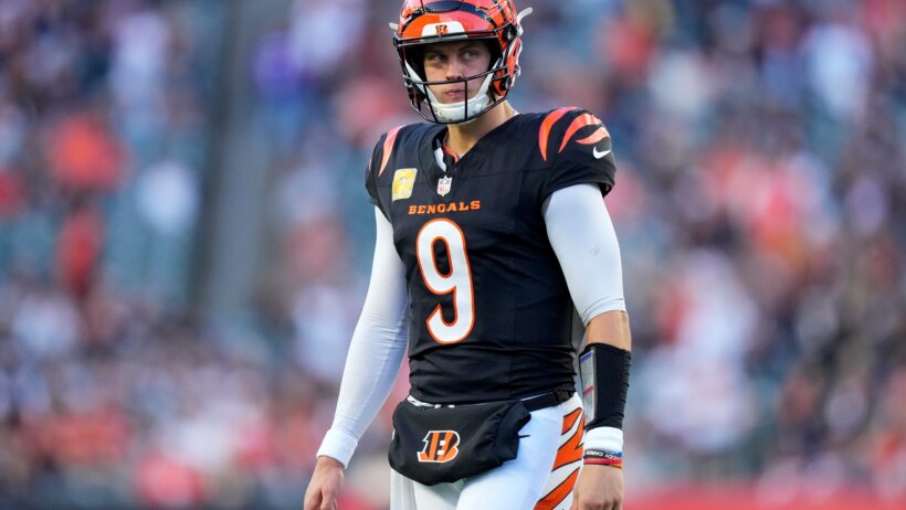 Cincinnati Bengals football player Joe Burrow scowling.