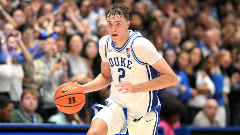 Duke Blue Devils small forward Cooper Flagg dribbling up the court