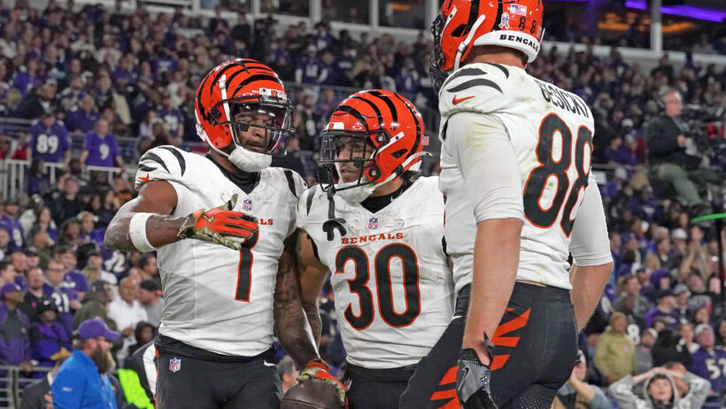 Cincinnati Bengals wide receiver Ja’Marr Chase celebrates with running back Chase Brown and tight end Mike Gesicki