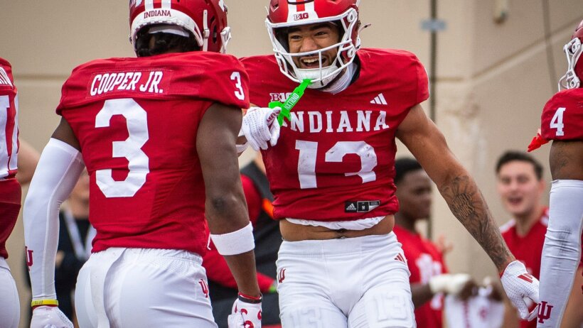 Indiana's Elijah Sarratt and Omar Cooper Jr. celebrate touchdown